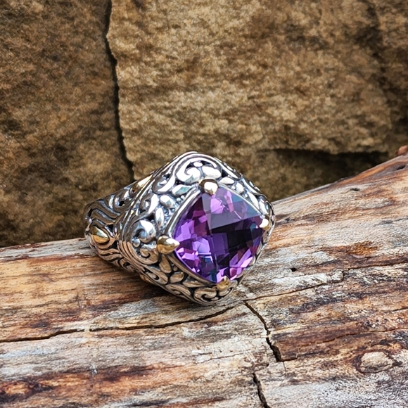 Samuel Benham 925 Sterling Silver 18k Gold Amethyst Designer Size 6.75 Ring BJC - Picture 11 of 12